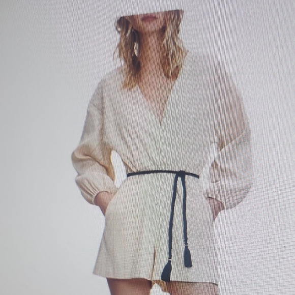 Maje Ibioli Belted Beige Pinstriped Romper Neutral Chic Balloon Sleeve Size 34